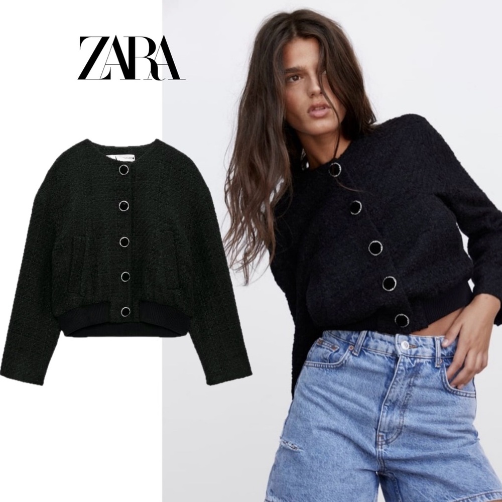 Zara Black tweed bomber jacket velvet button front Sz L